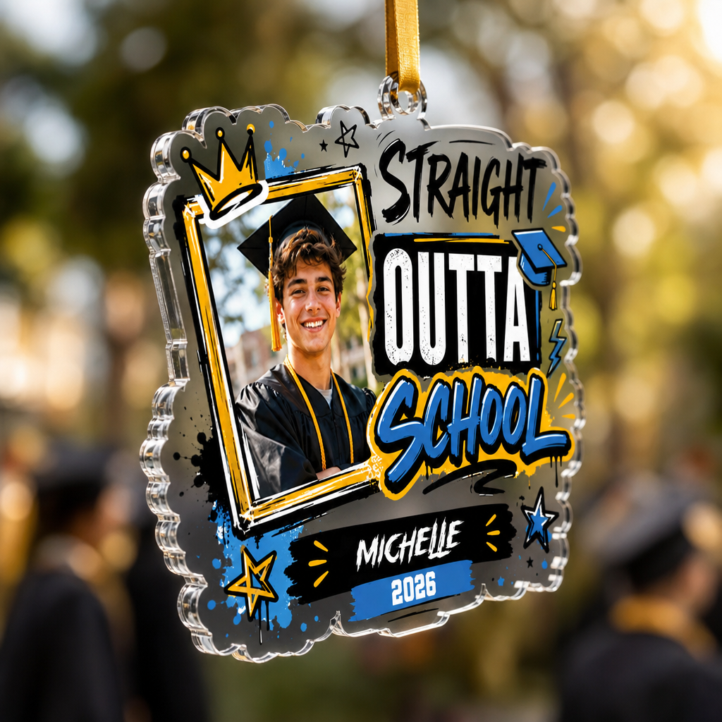Straight Outta School Personalized Acrylic Ornament with Photo, Custom Name Graduation Gift