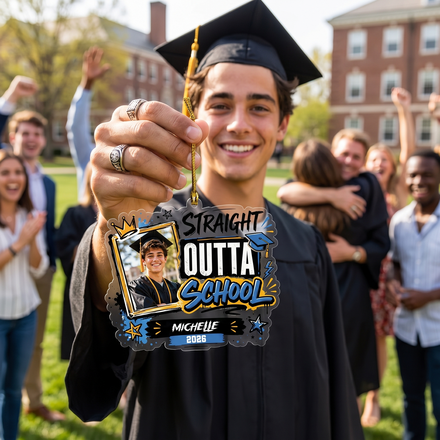 Straight Outta School Personalized Acrylic Ornament with Photo, Custom Name Graduation Gift