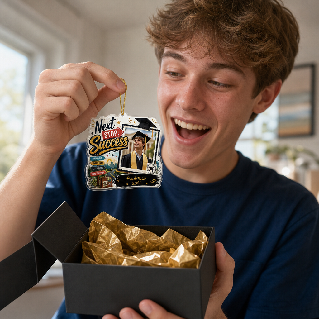 Next Stop: Success Personalized Acrylic Ornament with Photo, Custom Name Graduation Gift