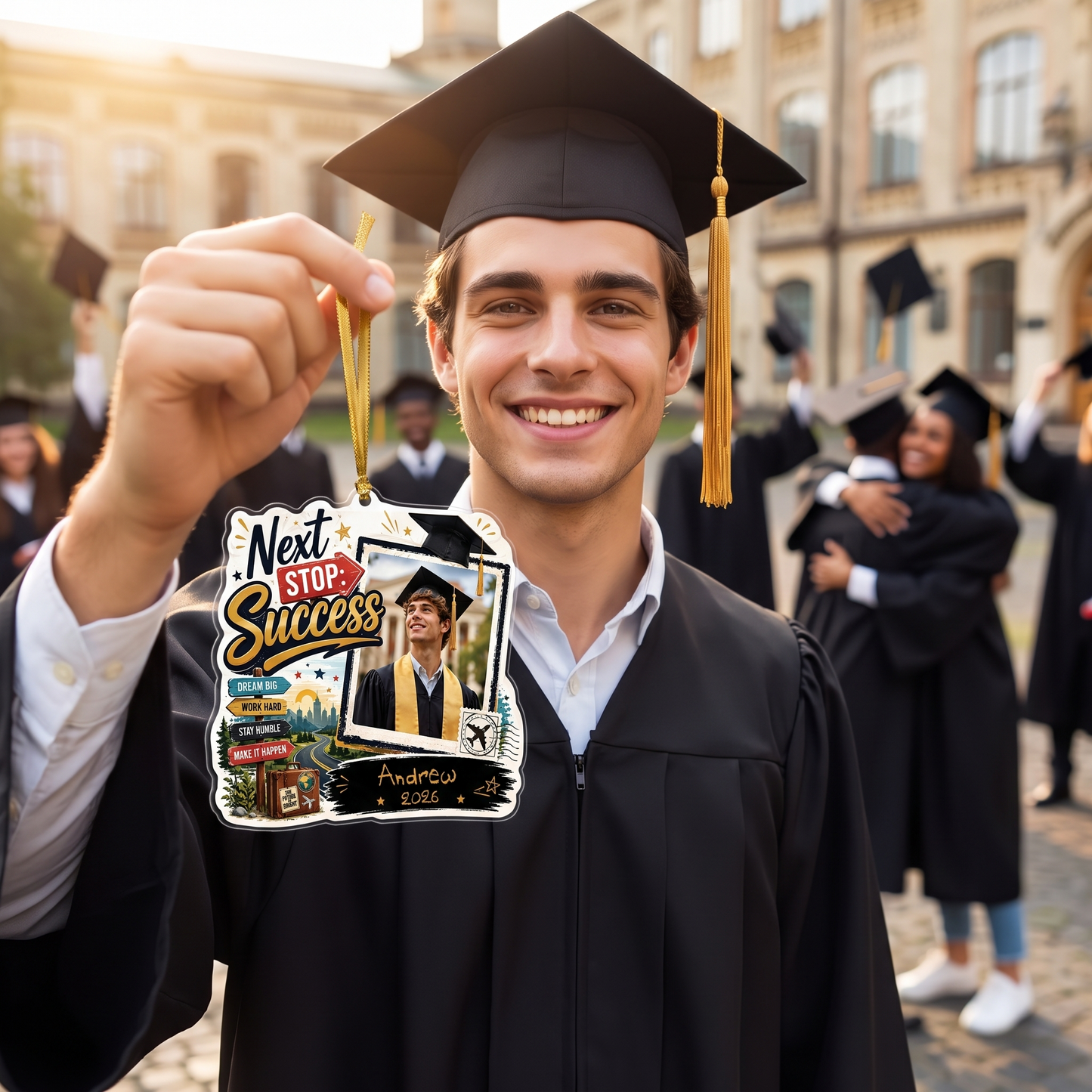 Next Stop: Success Personalized Acrylic Ornament with Photo, Custom Name Graduation Gift