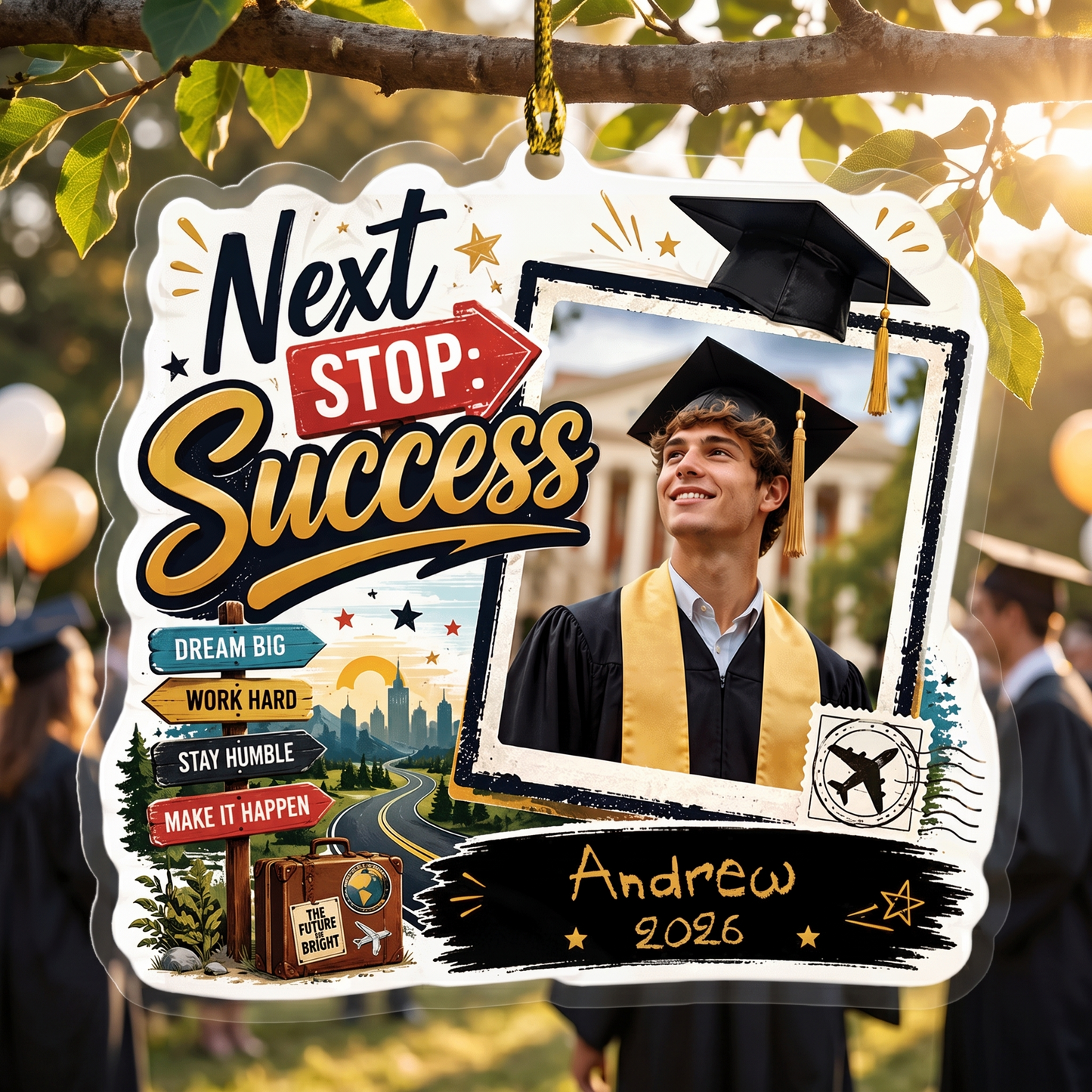 Next Stop: Success Personalized Acrylic Ornament with Photo, Custom Name Graduation Gift