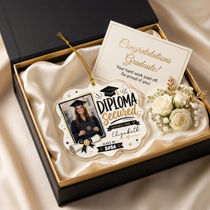 Diploma Secured Officially Done Personalized Acrylic Ornament with Photo, Custom Name Graduation Gift