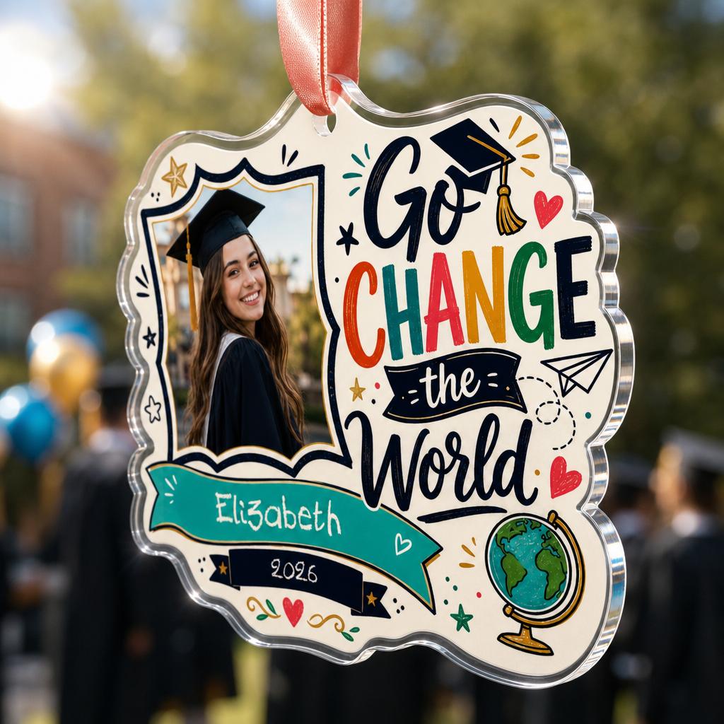 Go Change the World Custom Photo Acrylic Ornament, Personalized Graduation Gift with Name