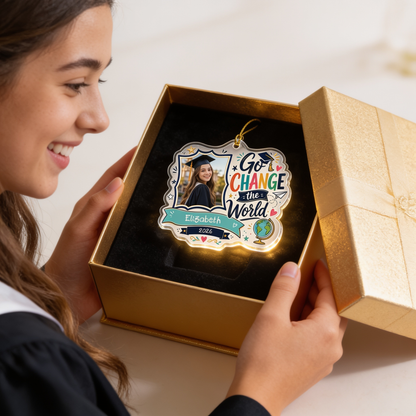 Go Change the World Custom Photo Acrylic Ornament, Personalized Graduation Gift with Name