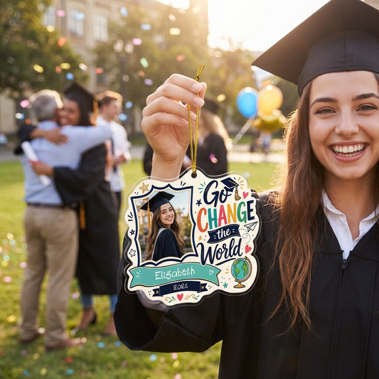 Go Change the World Custom Photo Acrylic Ornament, Personalized Graduation Gift with Name