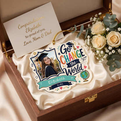 Go Change the World Custom Photo Acrylic Ornament, Personalized Graduation Gift with Name