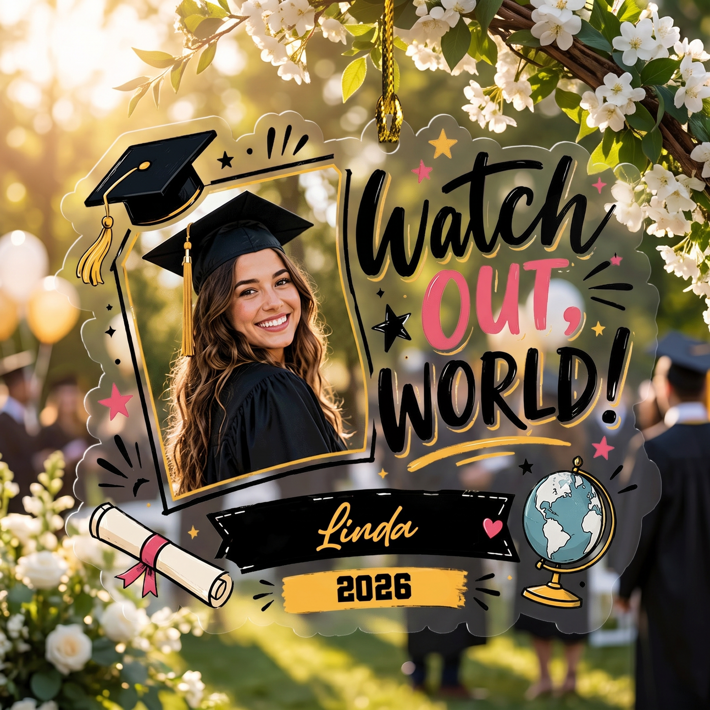 Watch Out World Personalized Acrylic Ornament with Photo, Custom Name Graduation Gift