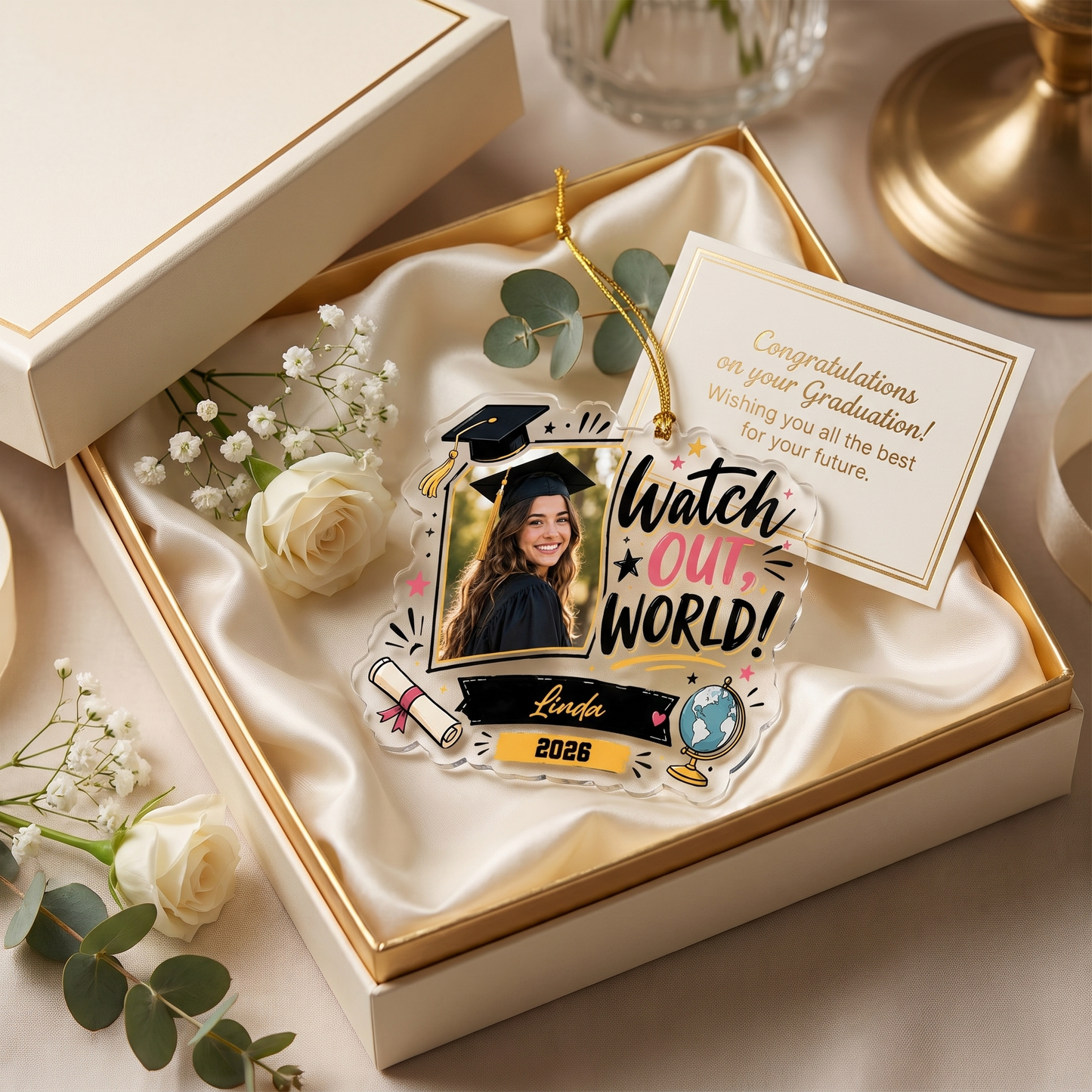 Watch Out World Personalized Acrylic Ornament with Photo, Custom Name Graduation Gift