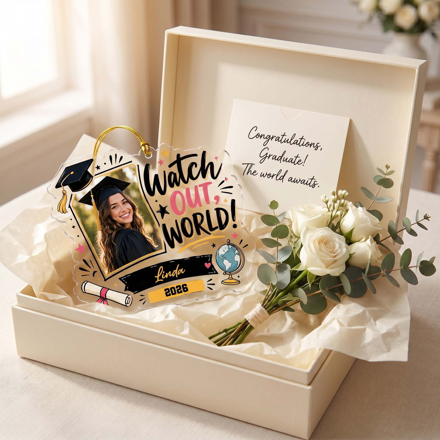Watch Out World Personalized Acrylic Ornament with Photo, Custom Name Graduation Gift