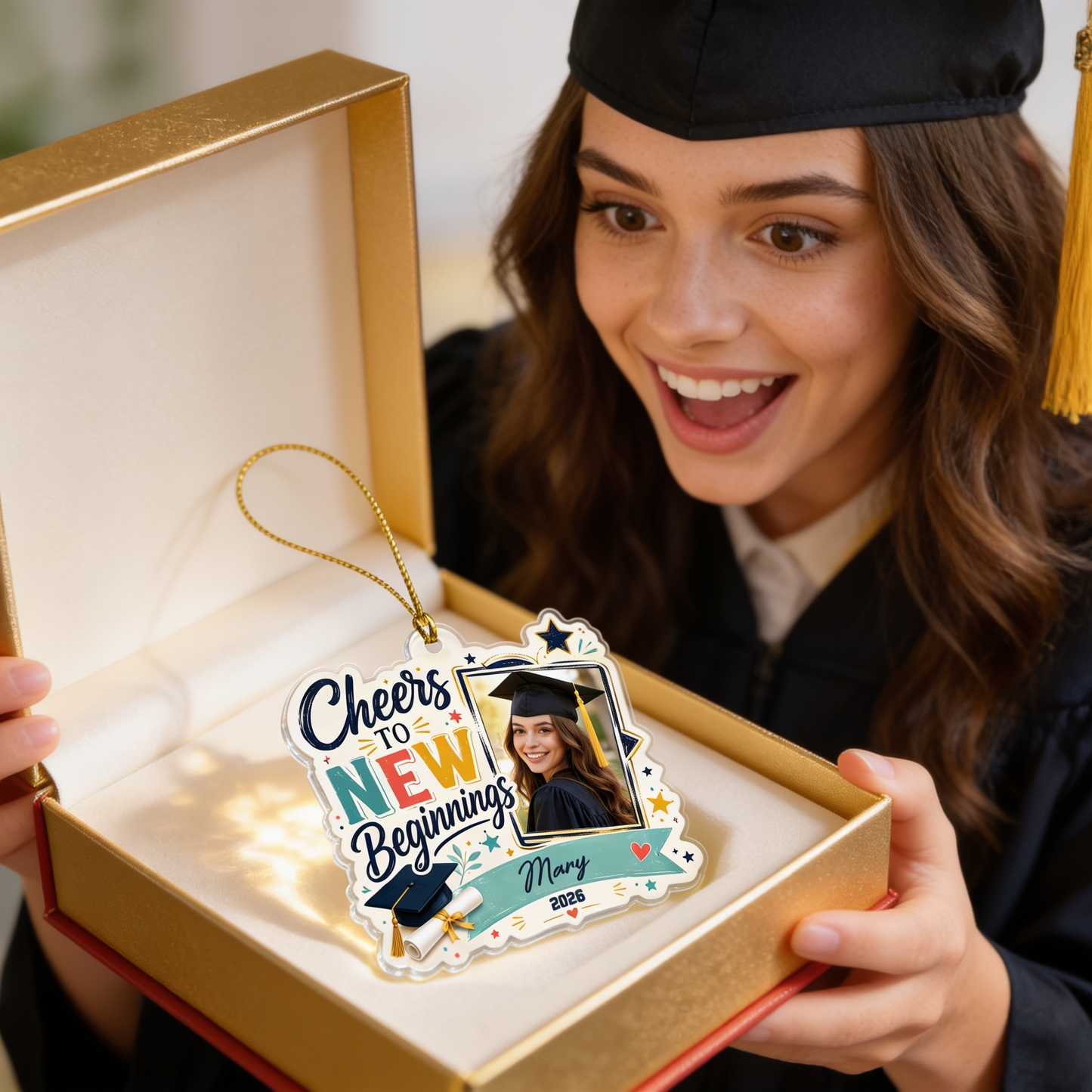 Cheers to New Beginnings Personalized Acrylic Ornament with Photo, Custom Name Graduation Gift