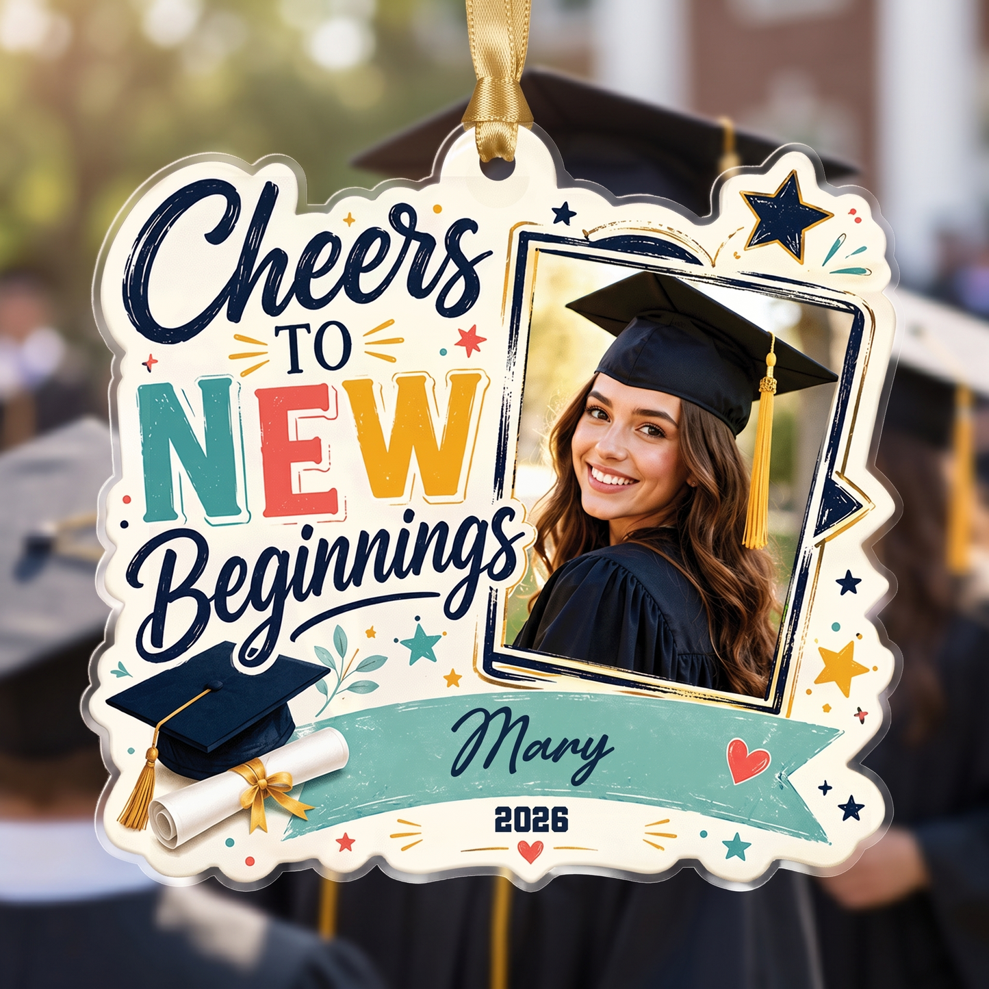 Cheers to New Beginnings Personalized Acrylic Ornament with Photo, Custom Name Graduation Gift