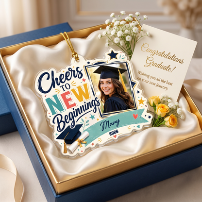 Cheers to New Beginnings Personalized Acrylic Ornament with Photo, Custom Name Graduation Gift