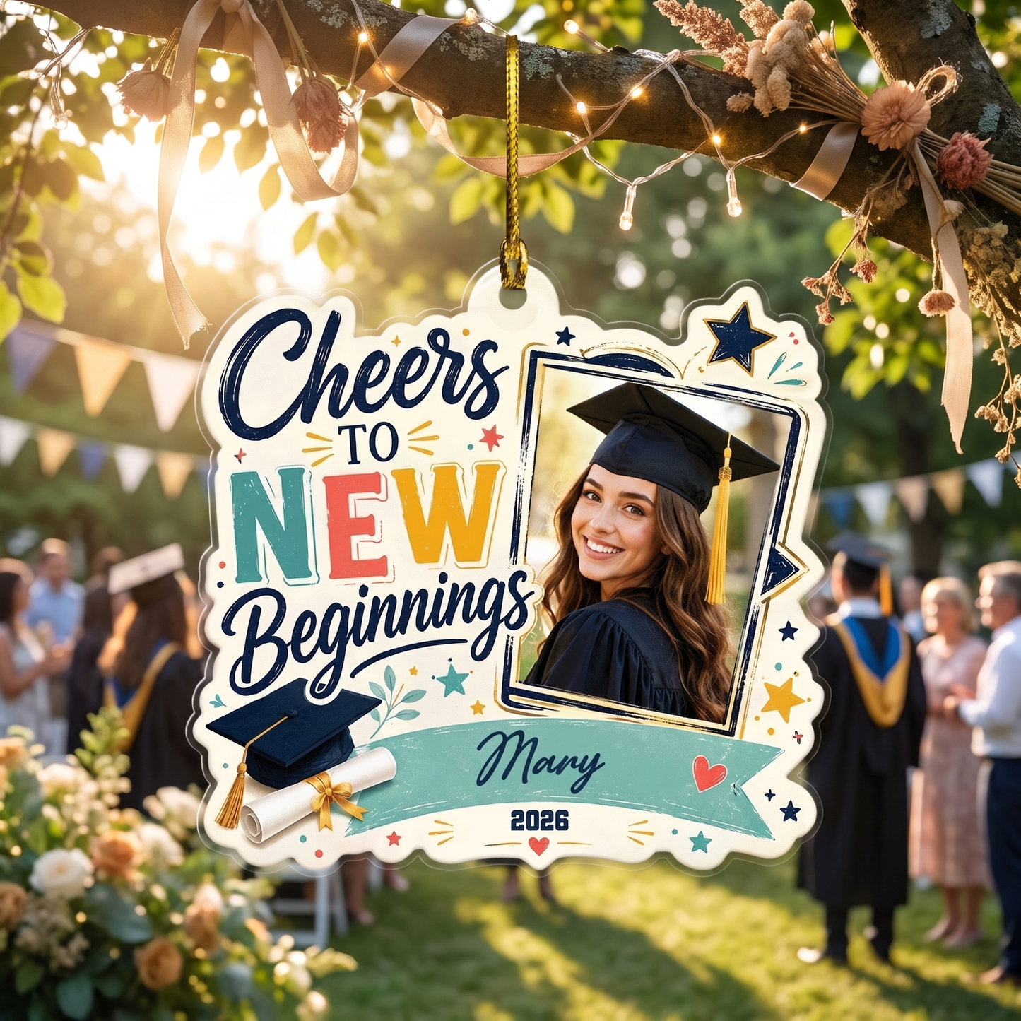 Cheers to New Beginnings Personalized Acrylic Ornament with Photo, Custom Name Graduation Gift