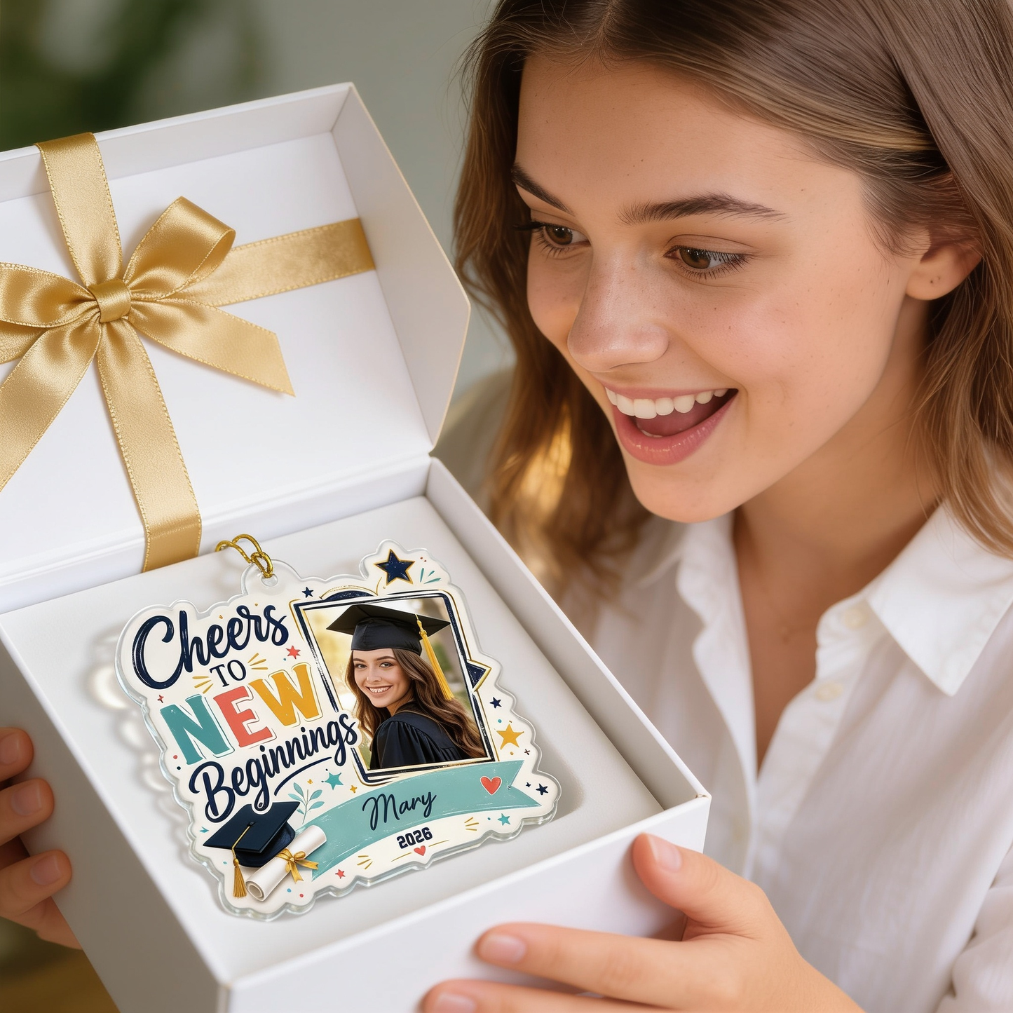 Cheers to New Beginnings Personalized Acrylic Ornament with Photo, Custom Name Graduation Gift