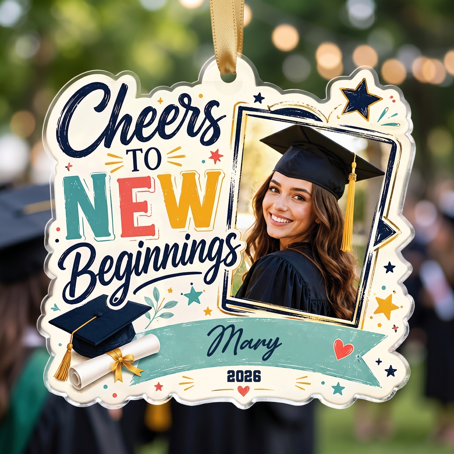 Cheers to New Beginnings Personalized Acrylic Ornament with Photo, Custom Name Graduation Gift