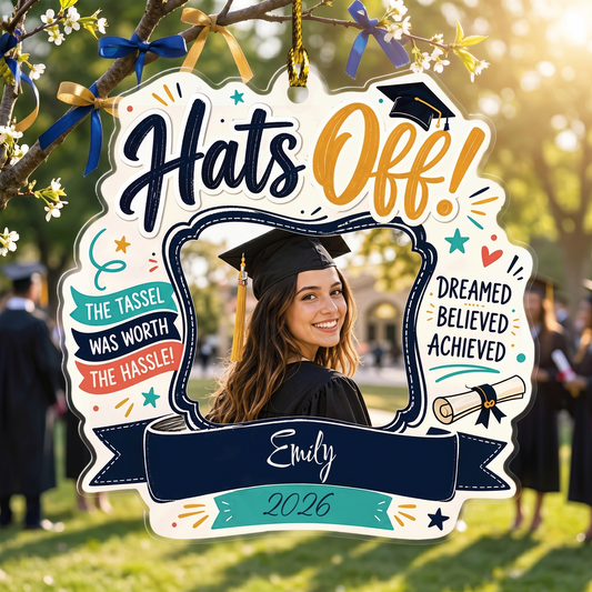 Hats Off Personalized Acrylic Ornament with Photo, Custom Name Graduation Gift