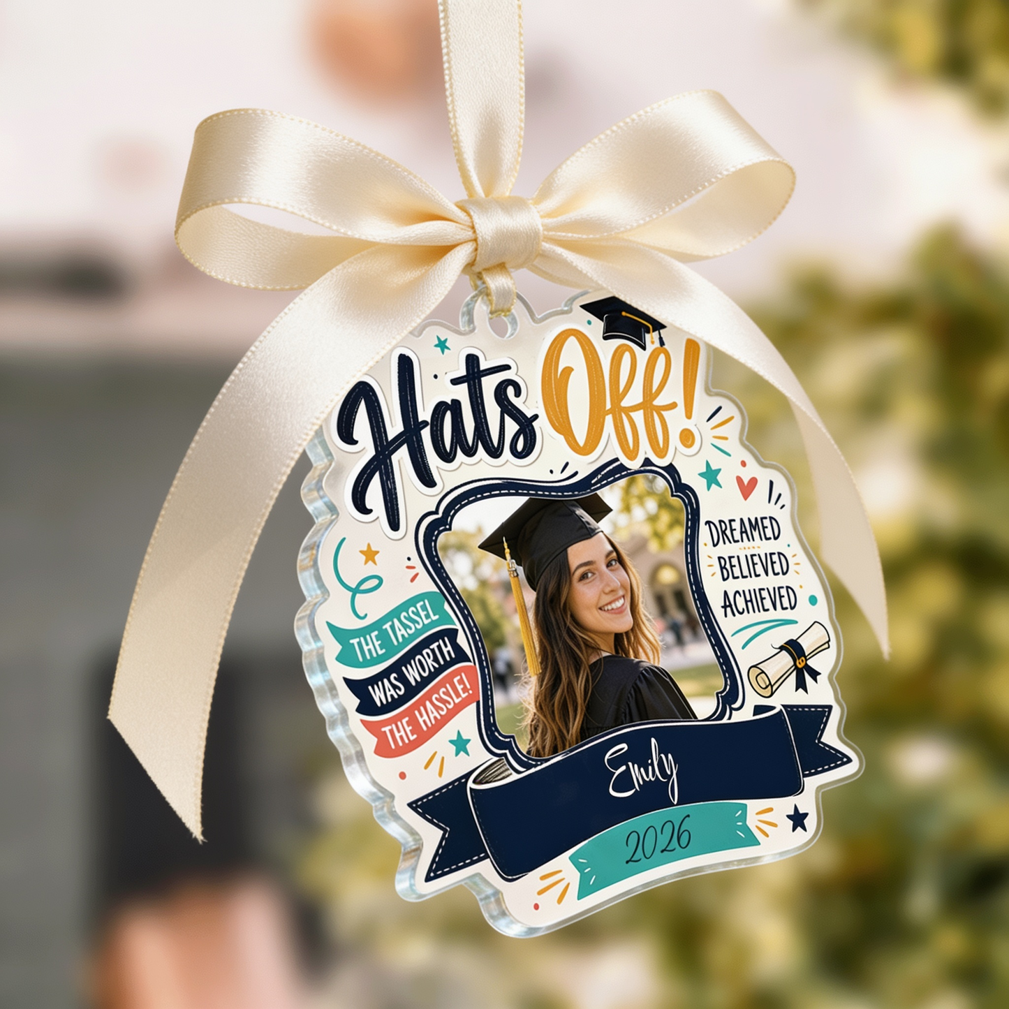 Hats Off Personalized Acrylic Ornament with Photo, Custom Name Graduation Gift
