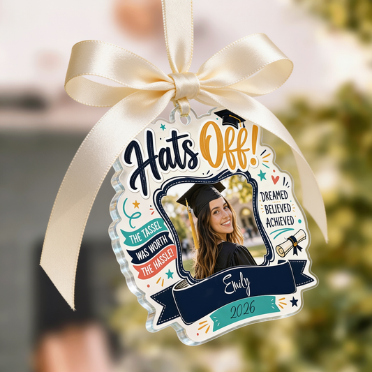 Hats Off Personalized Acrylic Ornament with Photo, Custom Name Graduation Gift