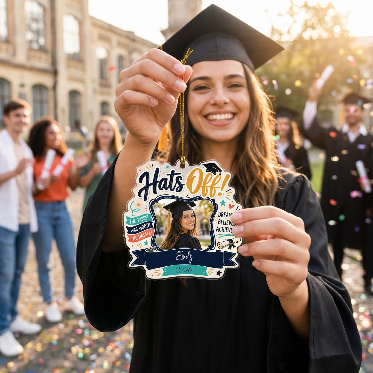 Hats Off Personalized Acrylic Ornament with Photo, Custom Name Graduation Gift