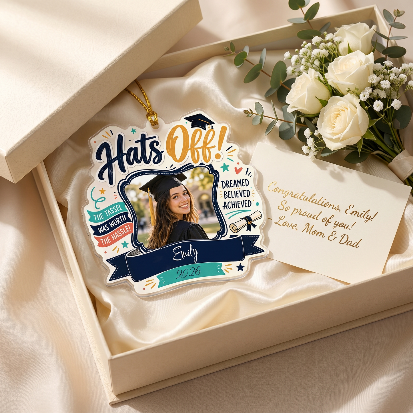 Hats Off Personalized Acrylic Ornament with Photo, Custom Name Graduation Gift