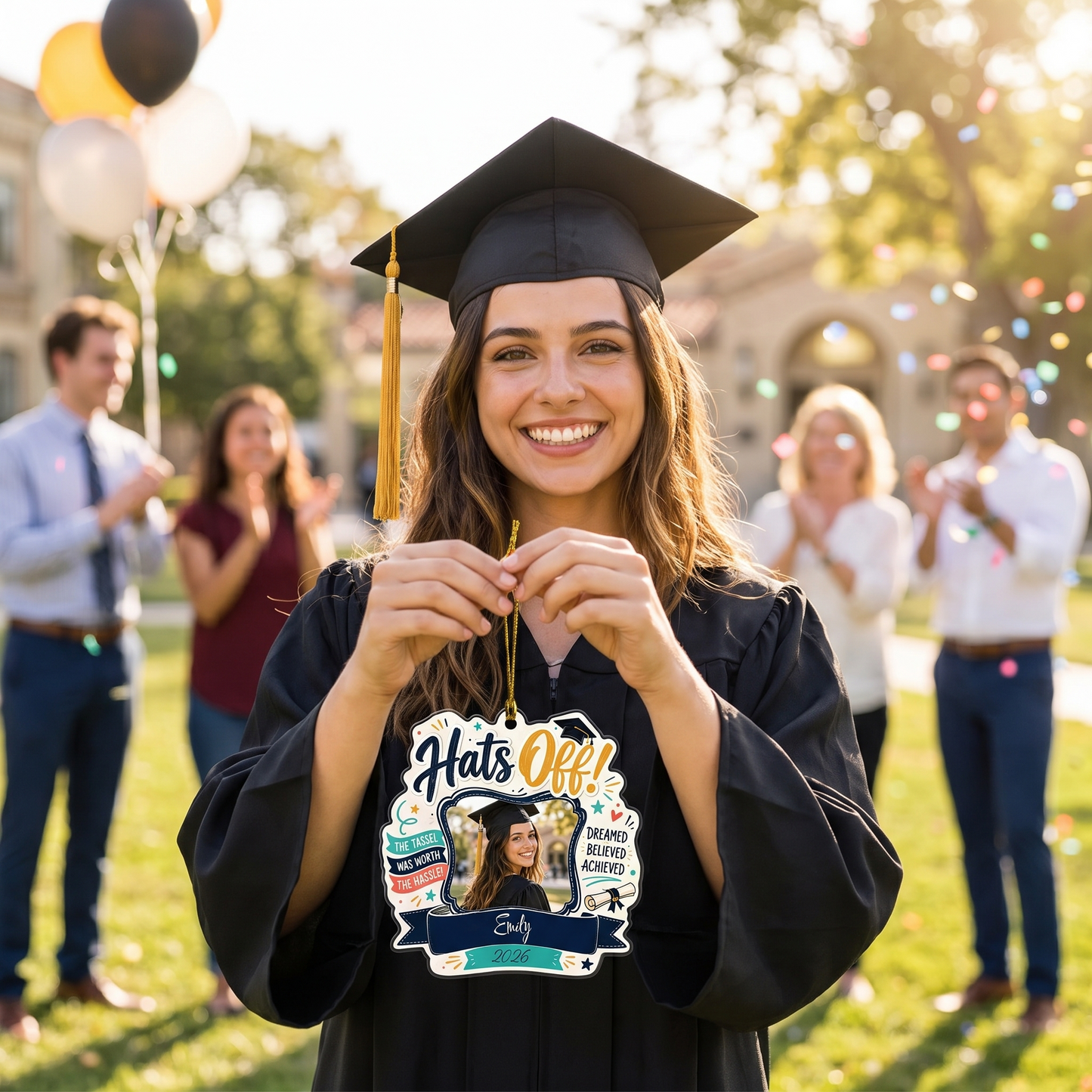Hats Off Personalized Acrylic Ornament with Photo, Custom Name Graduation Gift