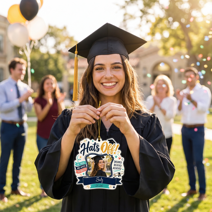 Hats Off Personalized Acrylic Ornament with Photo, Custom Name Graduation Gift