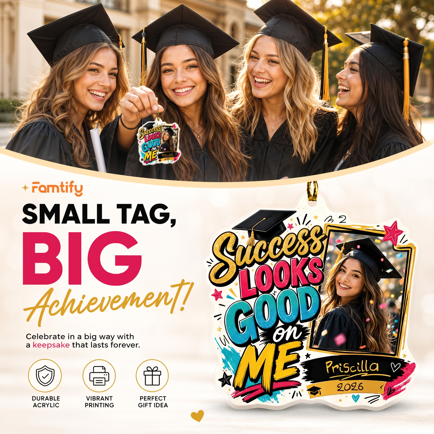 Success Looks Good on Me Custom Photo Acrylic Ornament, Personalized Graduation Gift with Name