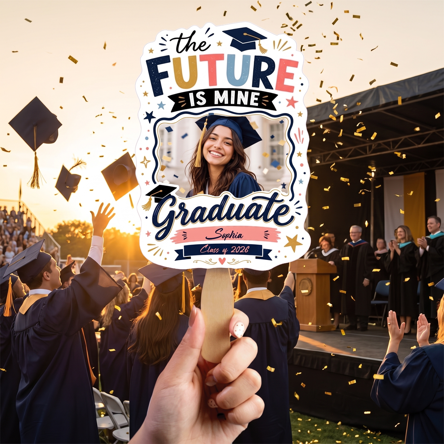 The Future Is Mine Custom Shape Photo Hand Fan with Photo, Name Graduation Party Fan
