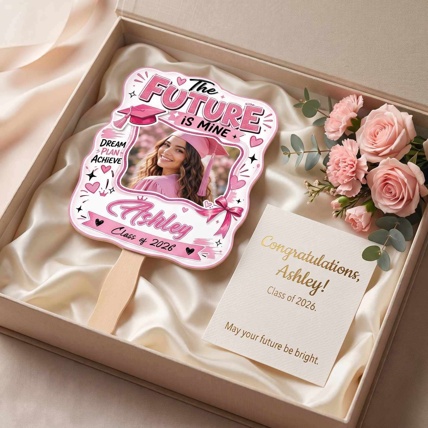 The Future Is Mine Pink Custom Shape Photo Hand Fan with Photo, Name Graduation Party Fan