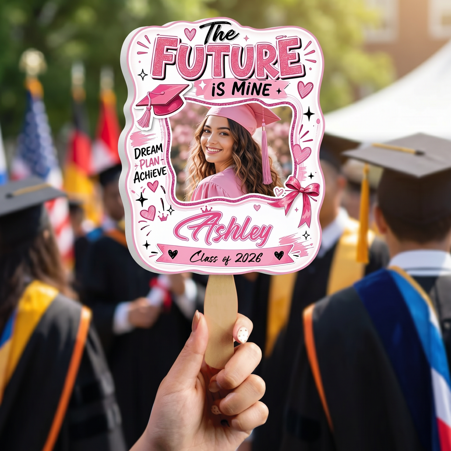 The Future Is Mine Pink Custom Shape Photo Hand Fan with Photo, Name Graduation Party Fan