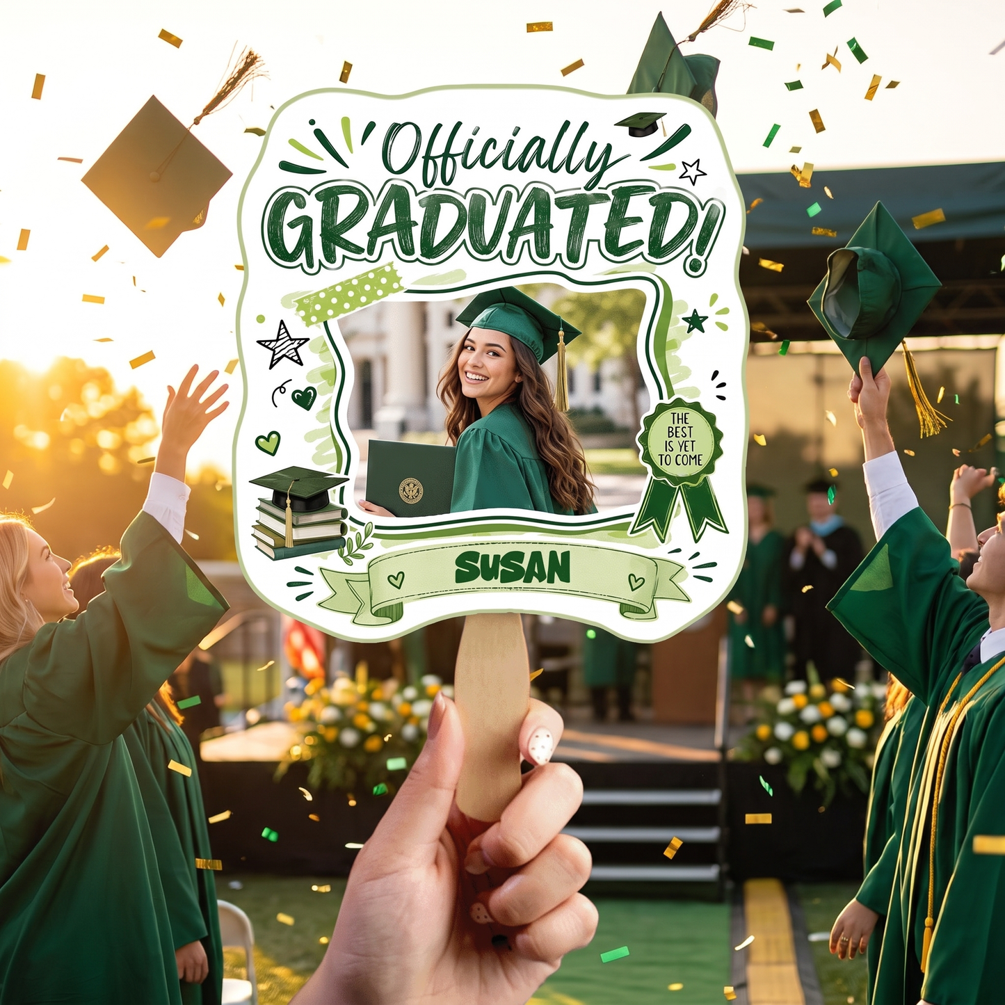 Personalized Officially Graduated Custom Shape Photo Hand Fan with Photo, Name Graduation Party Fan