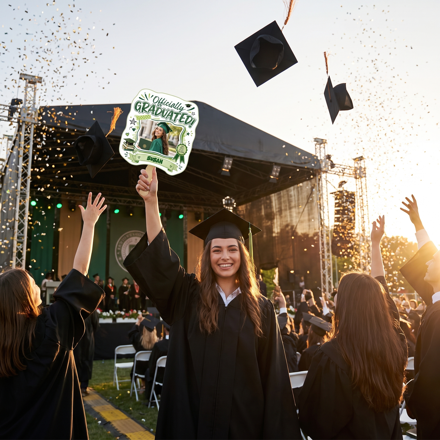 Personalized Officially Graduated Custom Shape Photo Hand Fan with Photo, Name Graduation Party Fan