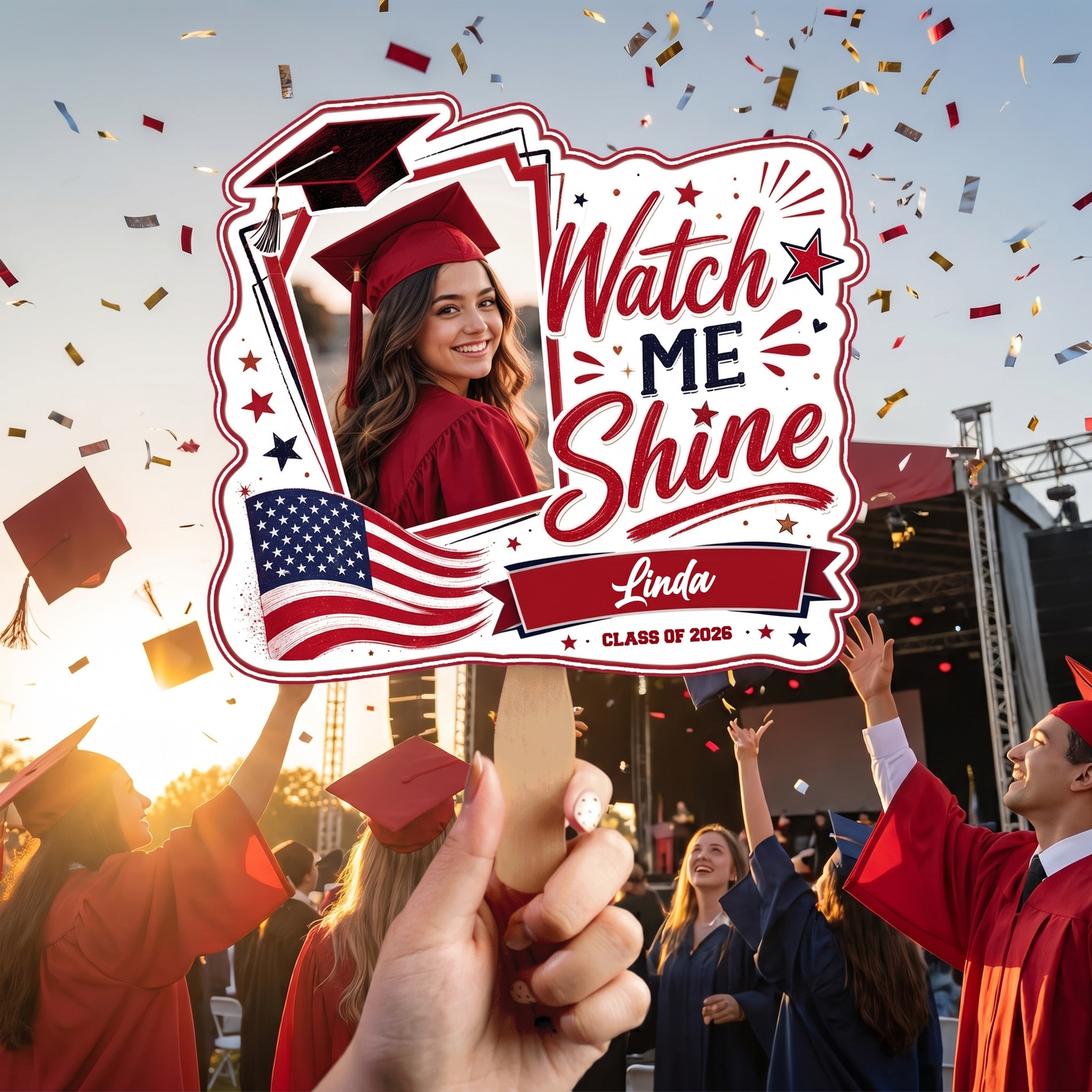 Personalized Watch Me Shine Custom Shape Photo Hand Fan with Photo, Name Graduation Party Fan