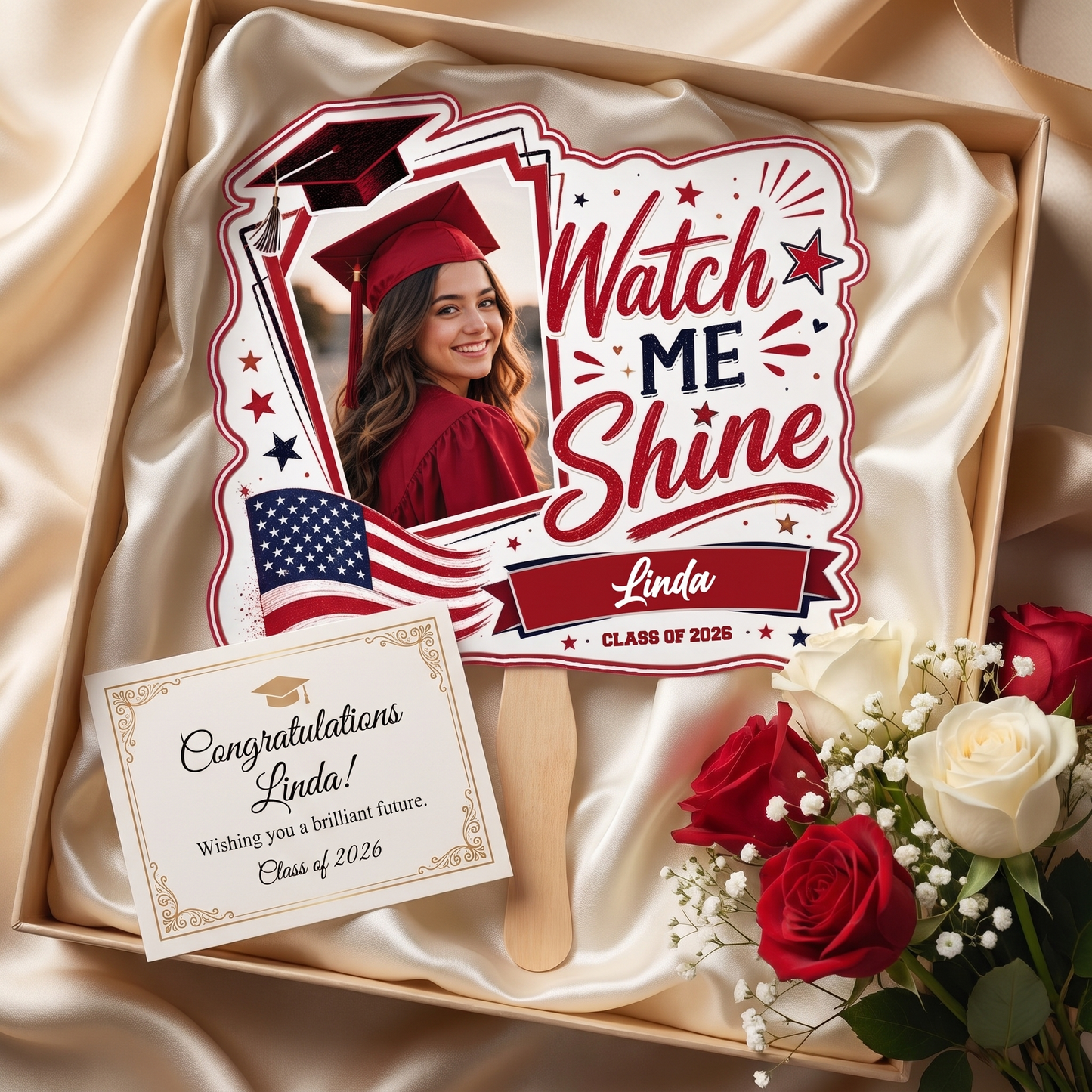 Personalized Watch Me Shine Custom Shape Photo Hand Fan with Photo, Name Graduation Party Fan