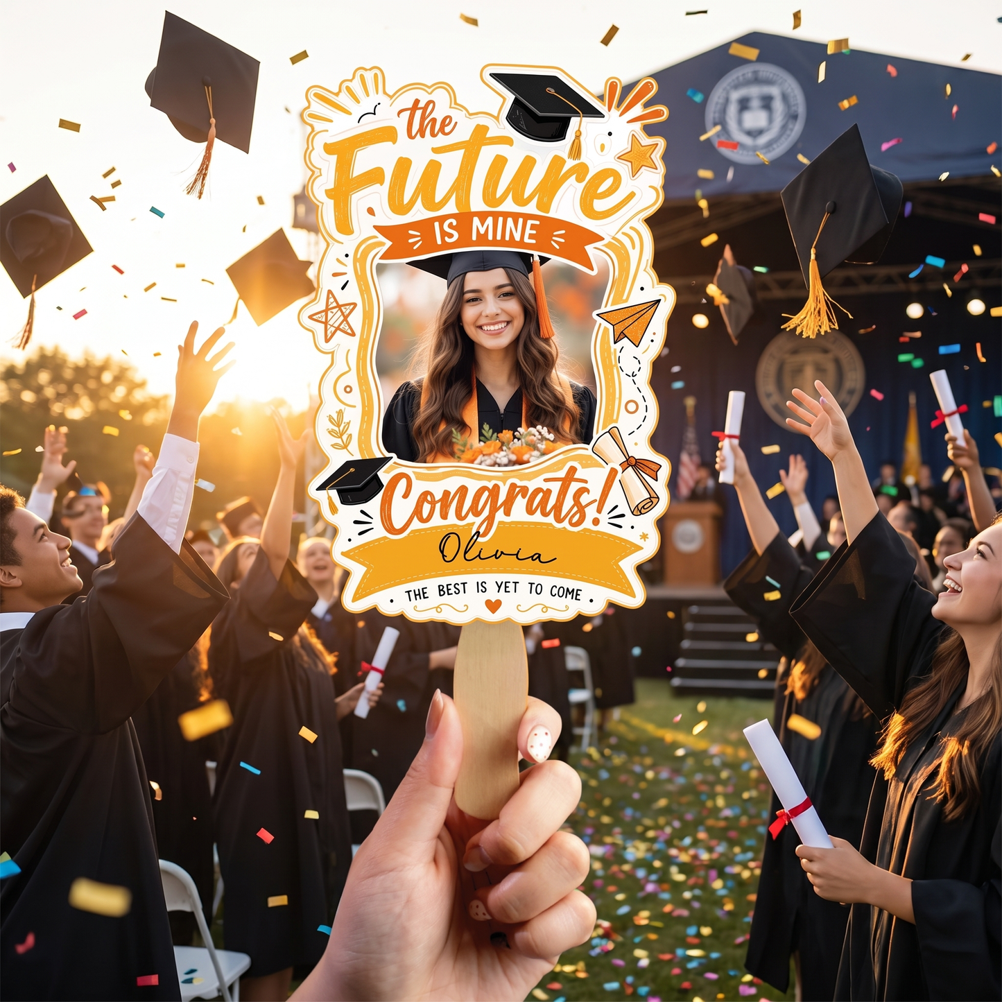 The Future Is Mine Custom Shape Hand Fan with Custom Name Graduation Party Fan