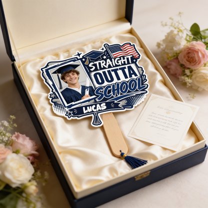 Straight Outta School Custom Shape Photo Hand Fan with Photo, Name Graduation Party Fan