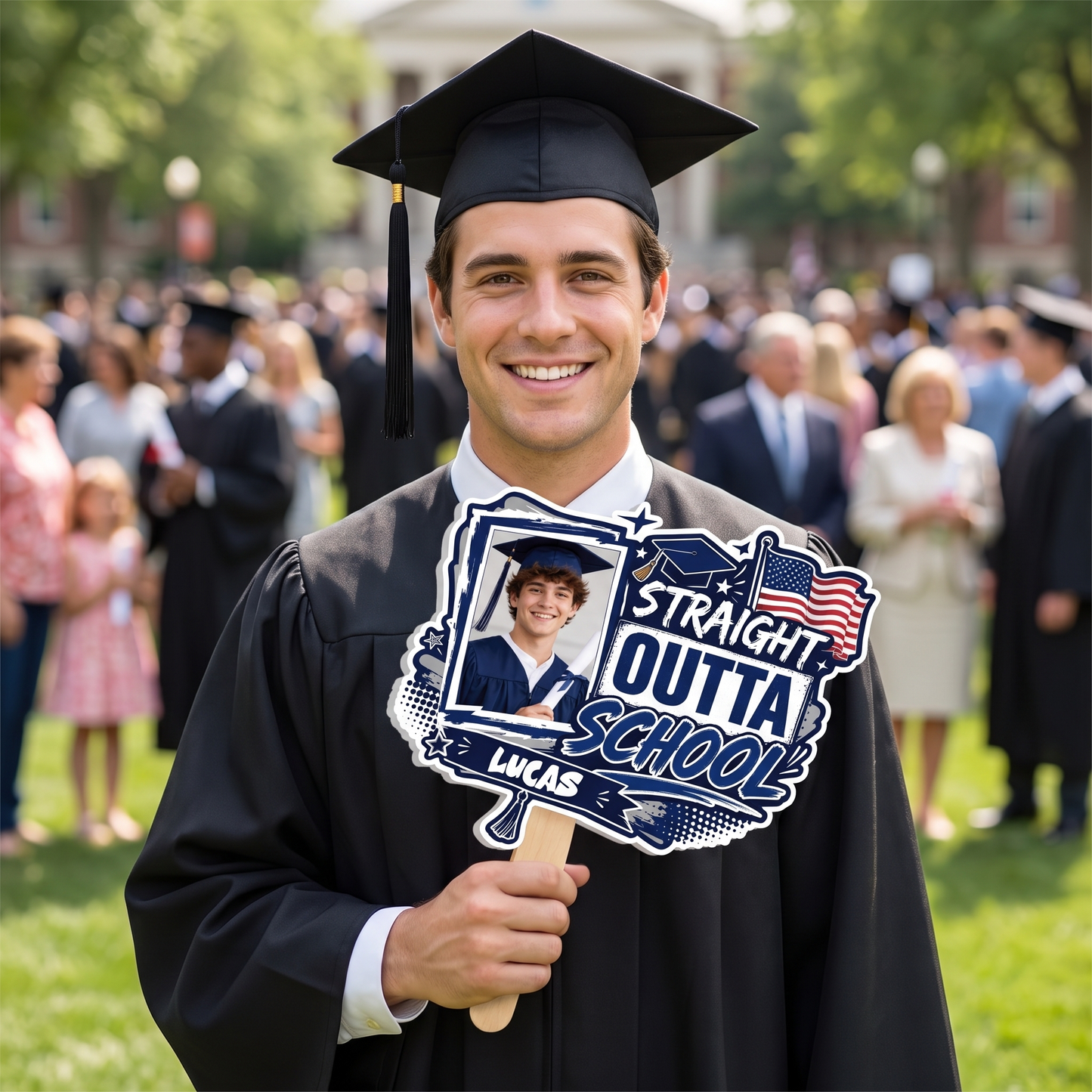 Straight Outta School Custom Shape Photo Hand Fan with Photo, Name Graduation Party Fan