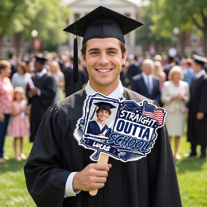 Straight Outta School Custom Shape Photo Hand Fan with Photo, Name Graduation Party Fan