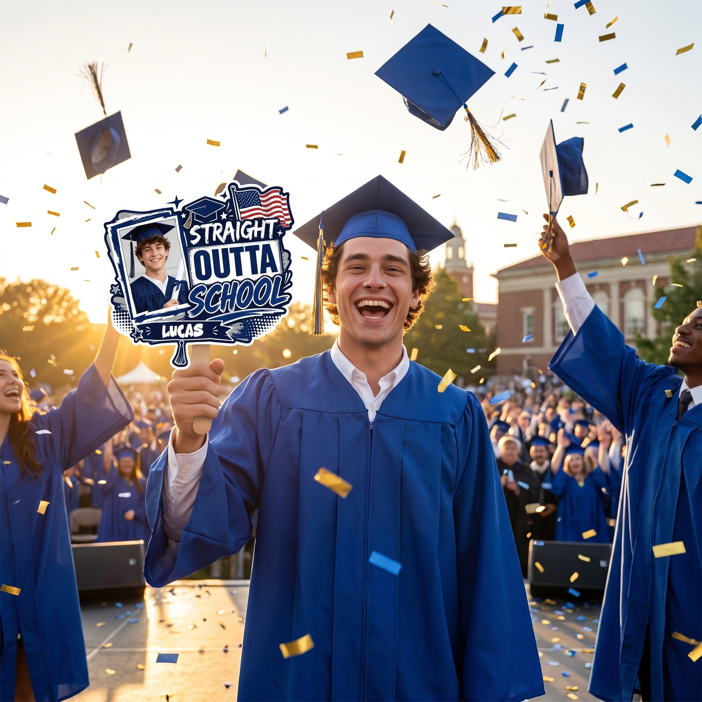 Straight Outta School Custom Shape Photo Hand Fan with Photo, Name Graduation Party Fan