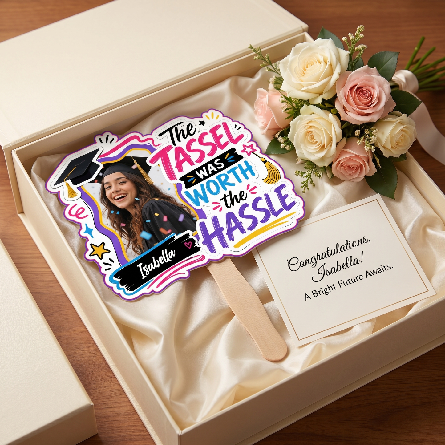 The Tassel Was Worth the Hassle Custom Shape Photo Hand Fan with Photo, Name Graduation Party Fan