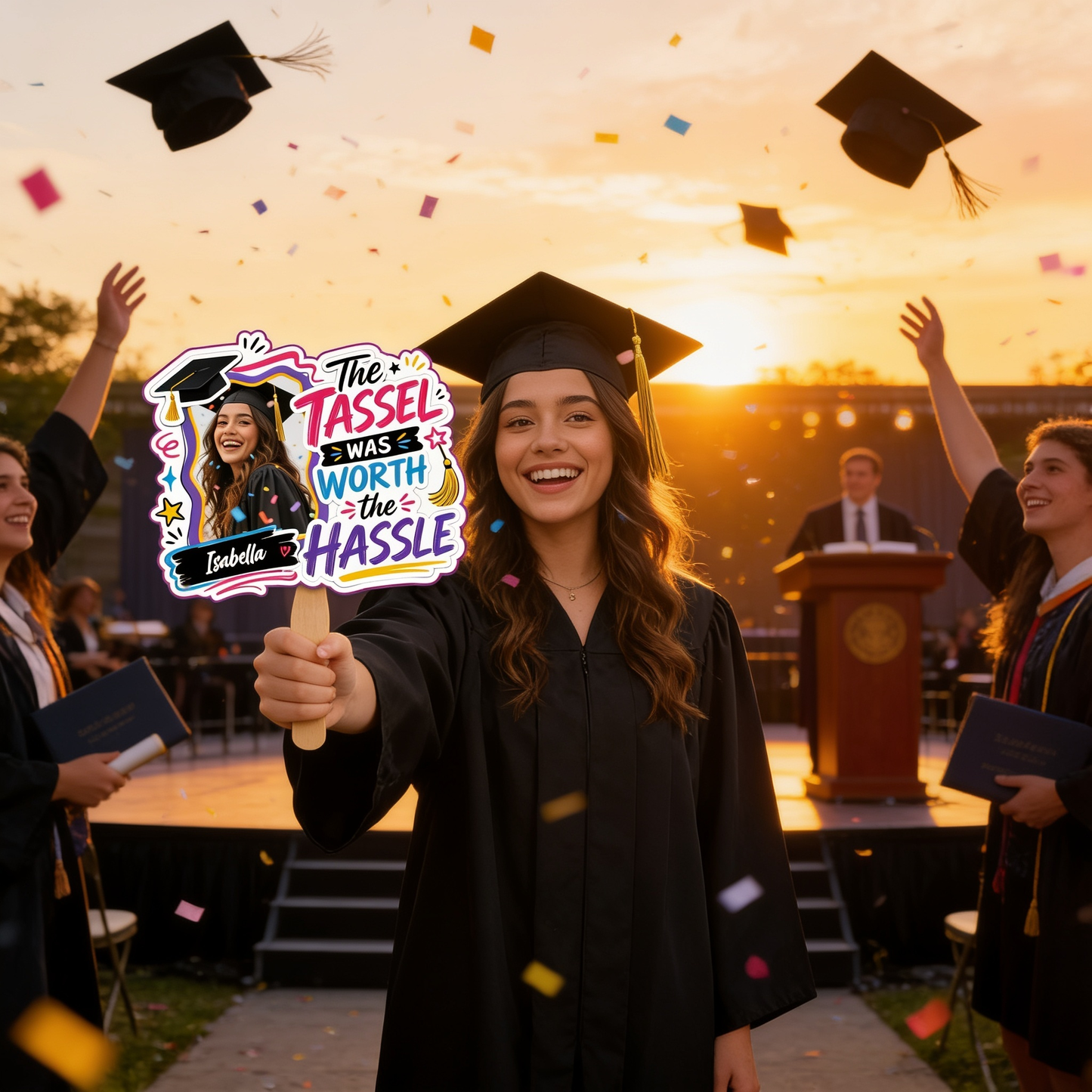 The Tassel Was Worth the Hassle Custom Shape Photo Hand Fan with Photo, Name Graduation Party Fan