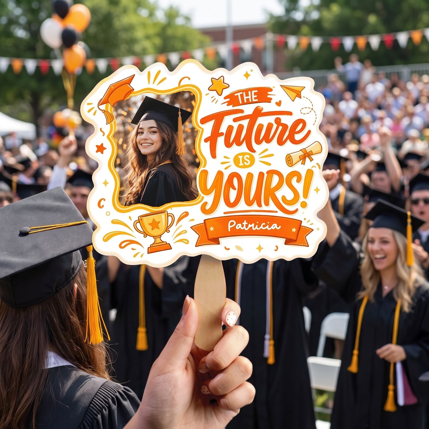 The Future Is Yours Orange Custom Shape Photo Hand Fan with Photo, Name Graduation Party Fan