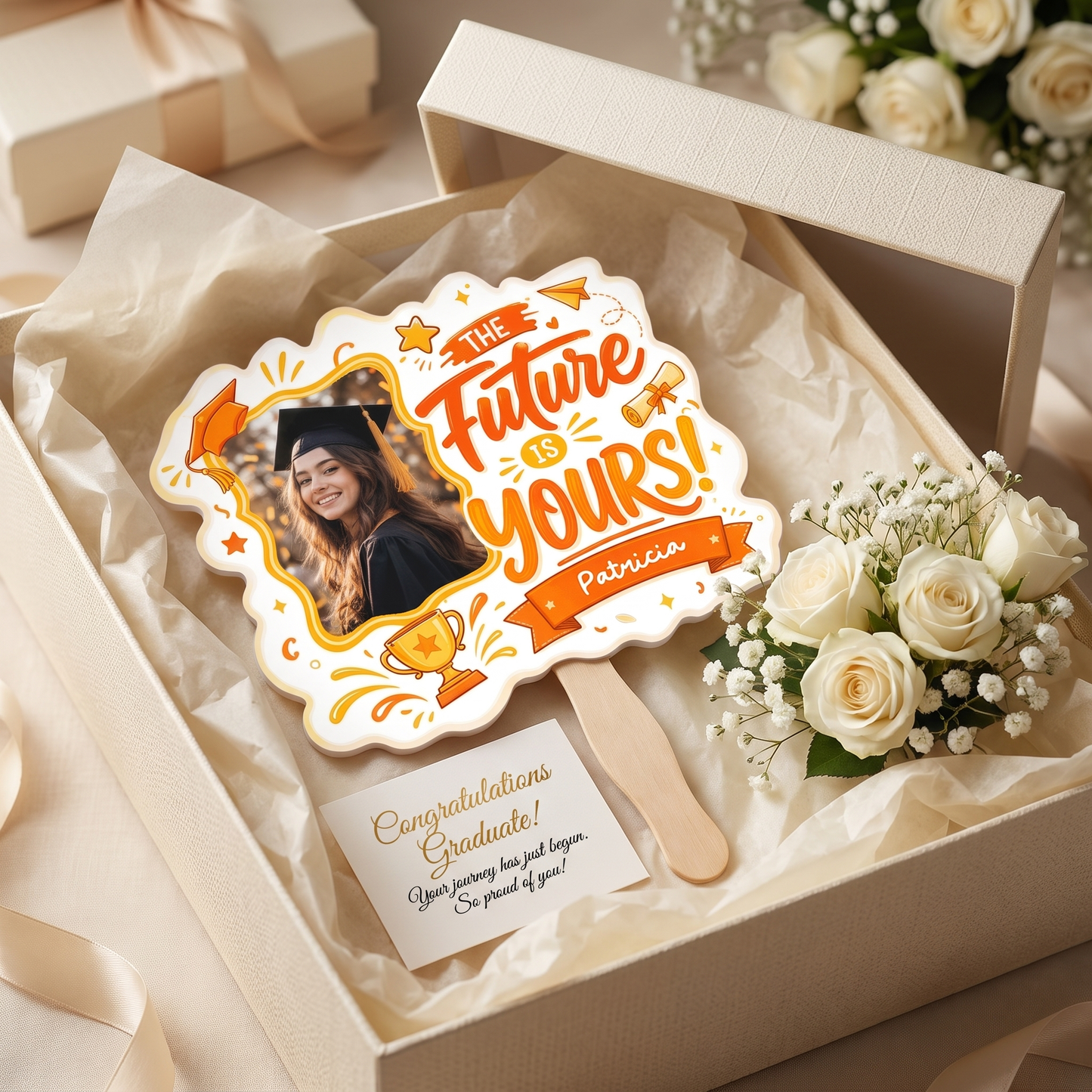 The Future Is Yours Orange Custom Shape Photo Hand Fan with Photo, Name Graduation Party Fan
