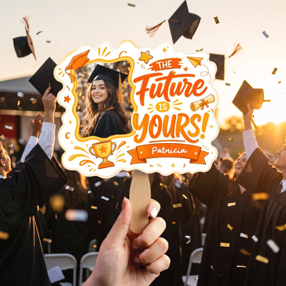 The Future Is Yours Orange Custom Shape Photo Hand Fan with Photo, Name Graduation Party Fan