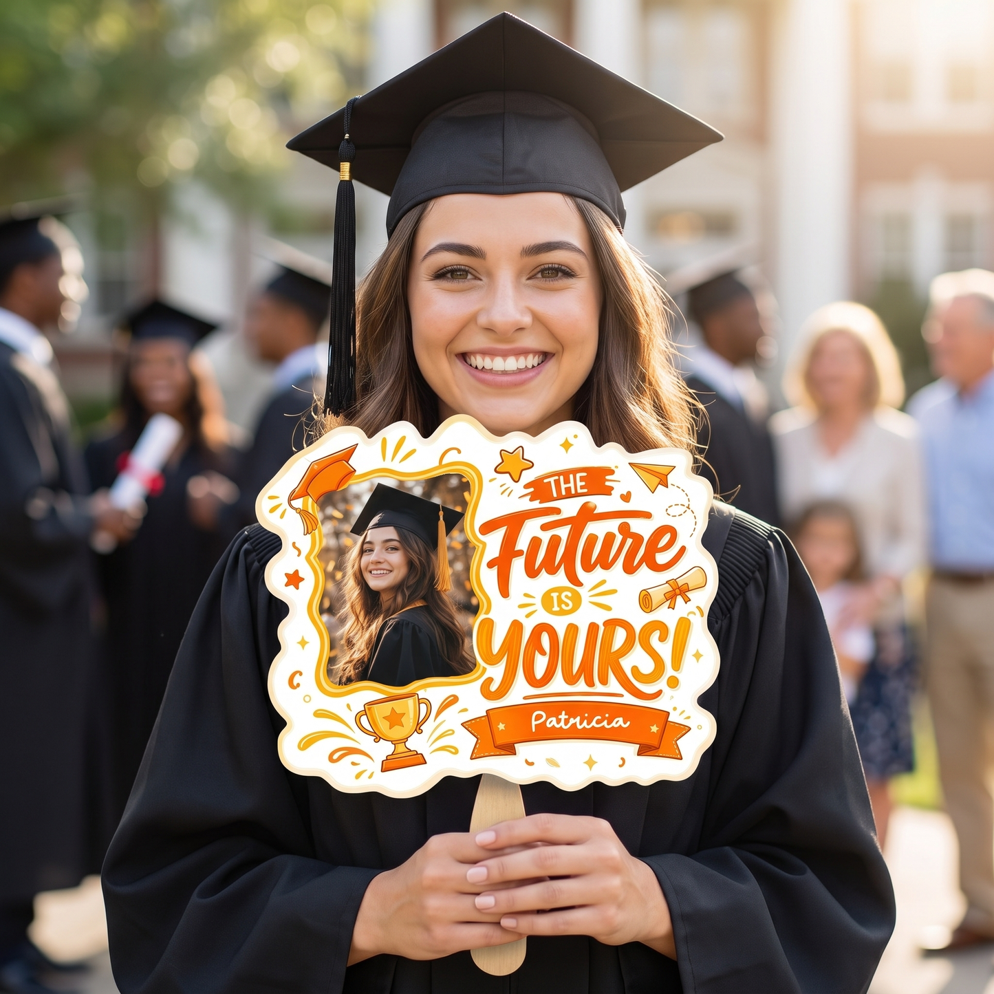 The Future Is Yours Orange Custom Shape Photo Hand Fan with Photo, Name Graduation Party Fan