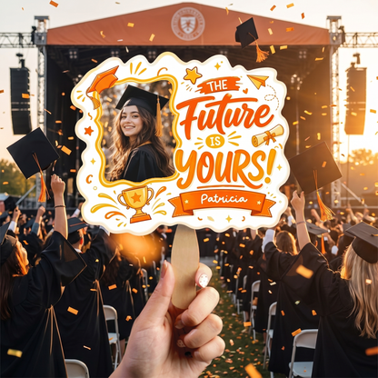 The Future Is Yours Orange Custom Shape Photo Hand Fan with Photo, Name Graduation Party Fan