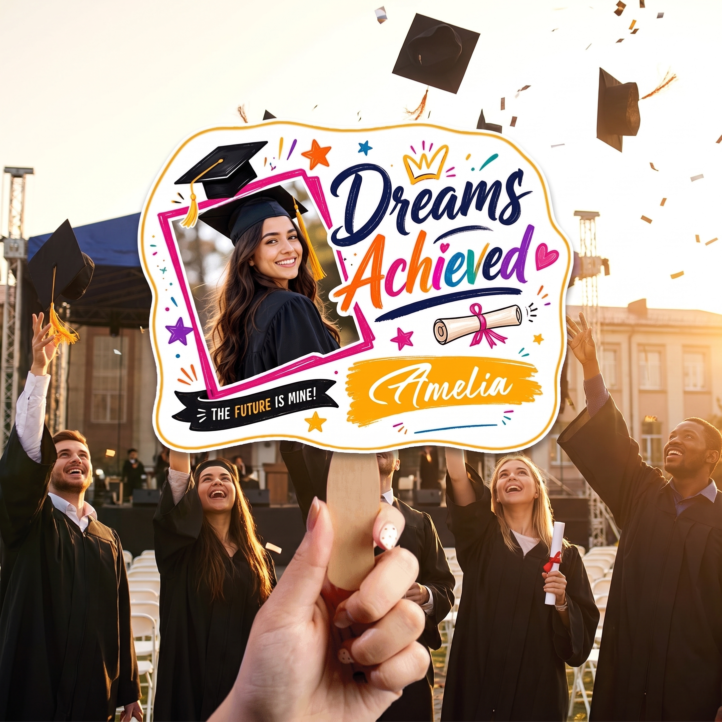 Personalized Dreams Achieved Custom Shape Photo Hand Fan, Graduation Fan with Photo & Name