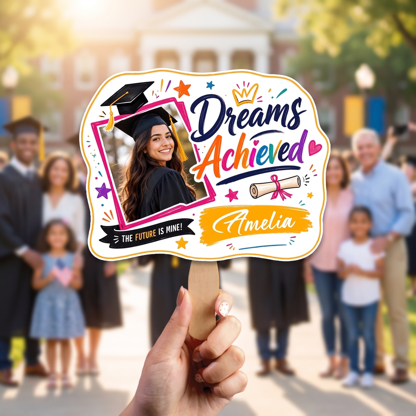 Personalized Dreams Achieved Custom Shape Photo Hand Fan, Graduation Fan with Photo & Name