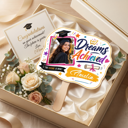 Personalized Dreams Achieved Custom Shape Photo Hand Fan, Graduation Fan with Photo & Name
