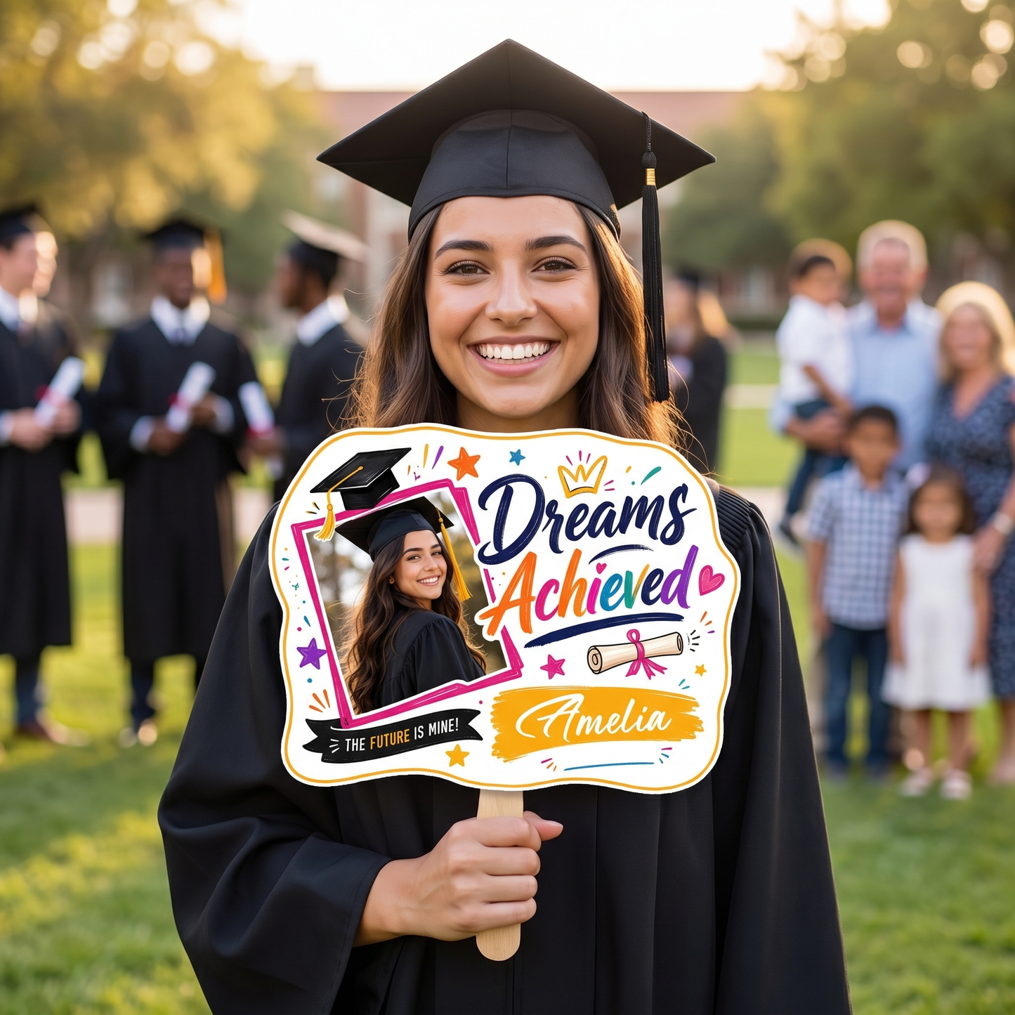 Personalized Dreams Achieved Custom Shape Photo Hand Fan, Graduation Fan with Photo & Name